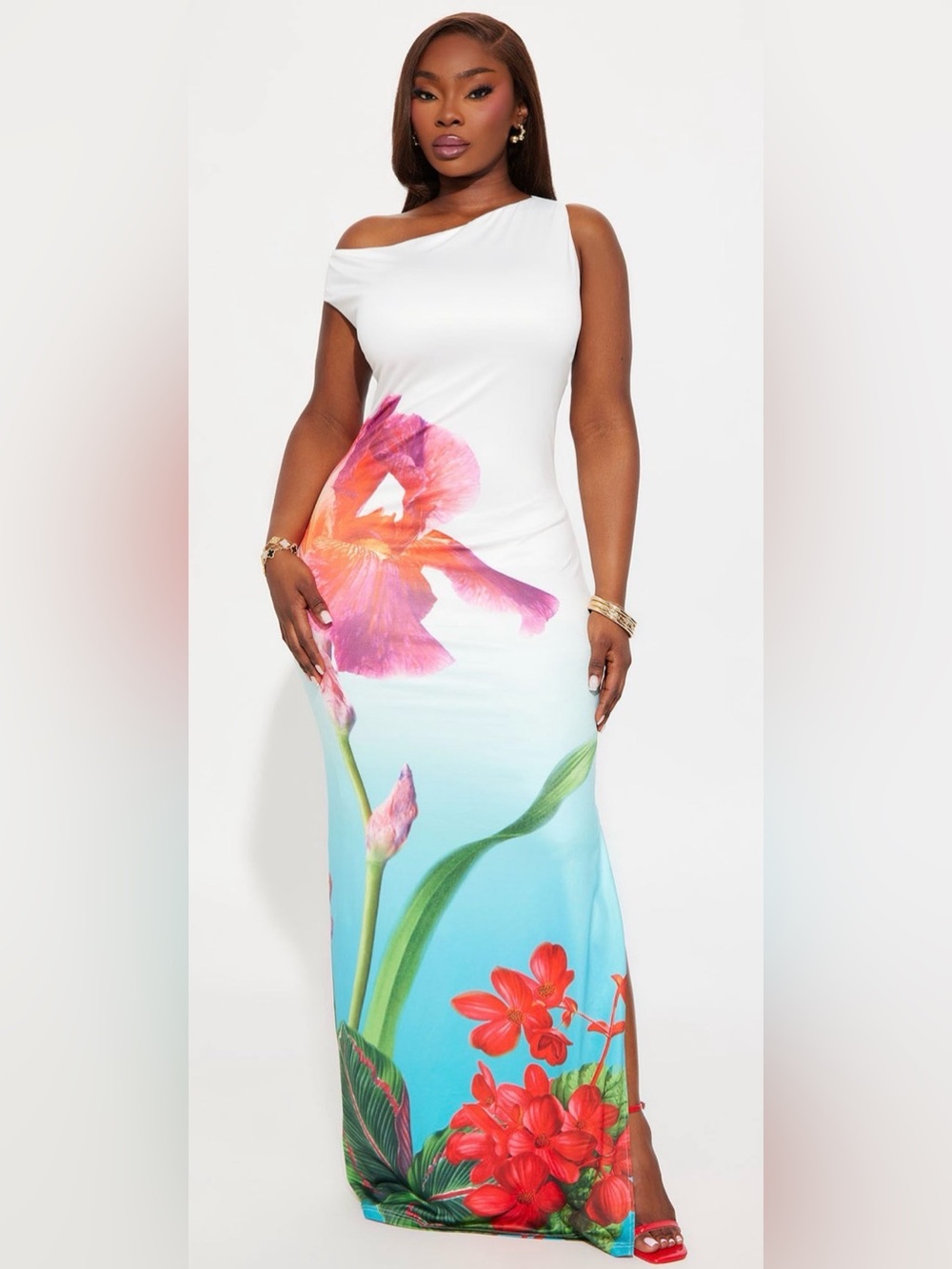 Fashion Nova White One-Shoulder Maxi Dress with Pink & Orange Floral Print - Picture 4 of 6